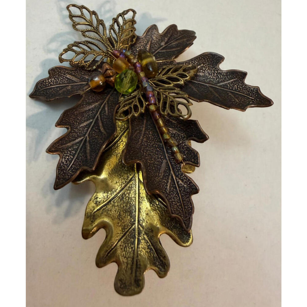 Vintage Cara Stimmel Ltd. Leaf Brooch w/ Dragonfly Accent Pin Layered / Beaded